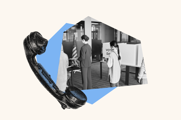 A few people stand in line at a polling place. Over the photo is an element of an old fashioned phone.