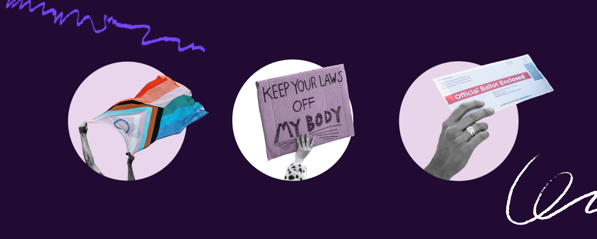 Three visual representations of "Marriage equality," "reproductive freedom," and "voting rights."