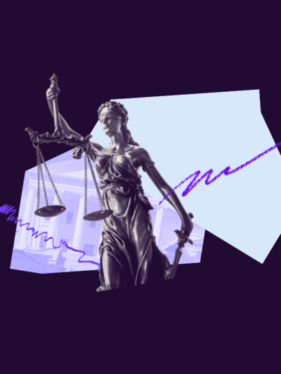 Over a dark purple background is Lady Justice over a photo of the Virginia capitol and a light blue abstract shape. Over top are purple scribbles and doodles.