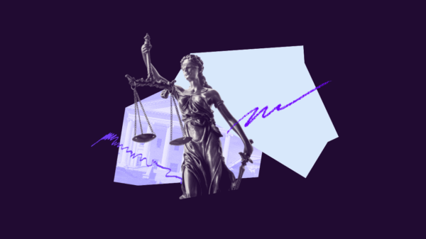 Over a dark purple background is Lady Justice over a photo of the Virginia capitol and a light blue abstract shape. Over top are purple scribbles and doodles.