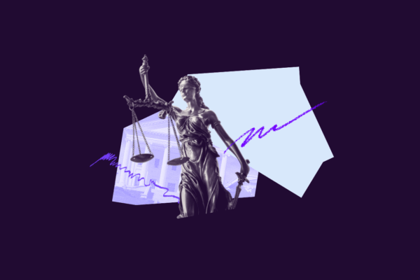 Over a dark purple background is Lady Justice over a photo of the Virginia capitol and a light blue abstract shape. Over top are purple scribbles and doodles.