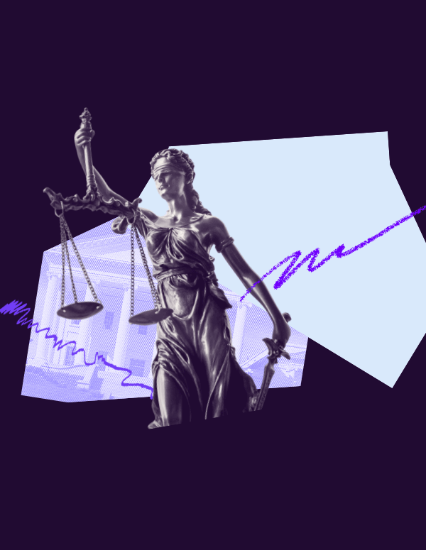 Over a dark purple background is Lady Justice over a photo of the Virginia capitol and a light blue abstract shape. Over top are purple scribbles and doodles.