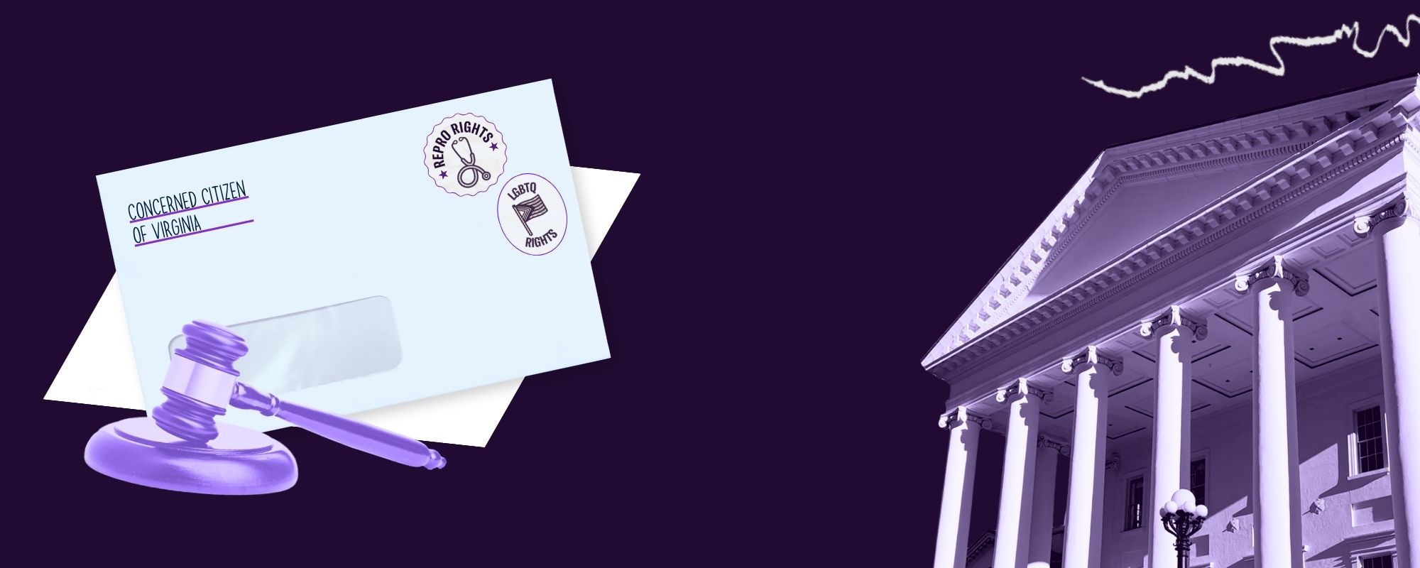 Graphic with letters, a gavel, and the Virginia capitol