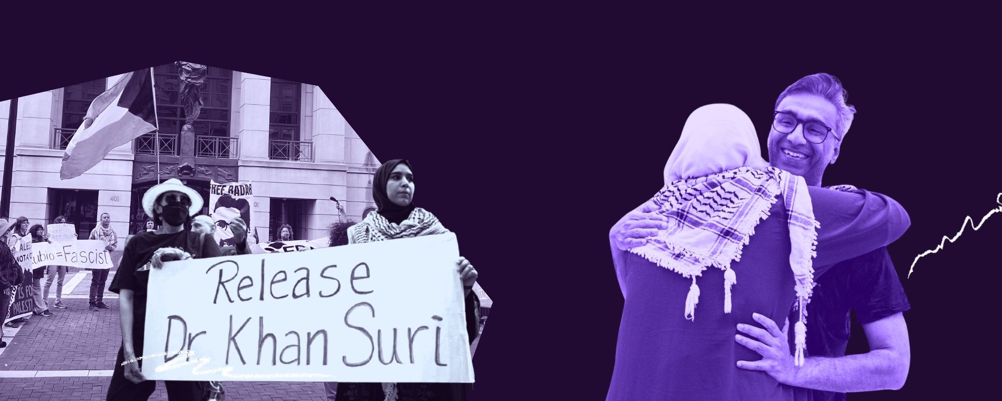 Graphic of Dr Suri reuniting with his wife and of his wife fighting for him at the courthouse.