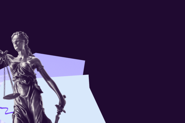 Lady justice over abstract shapes.