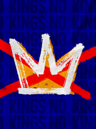 A yellow crown outlined in white over a dak blue background that says No Kings over and over in black. The crown is crossed out by a red X.