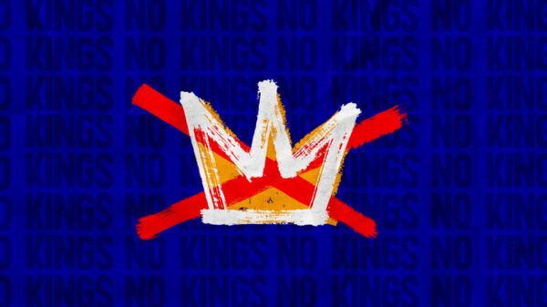 A yellow crown outlined in white over a dak blue background that says No Kings over and over in black. The crown is crossed out by a red X.