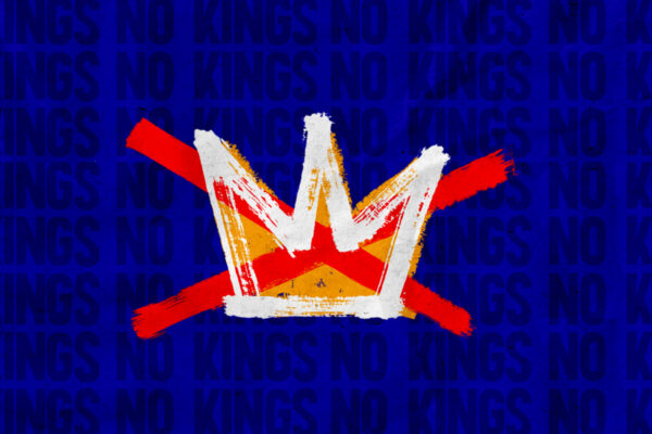 A yellow crown outlined in white over a dak blue background that says No Kings over and over in black. The crown is crossed out by a red X.