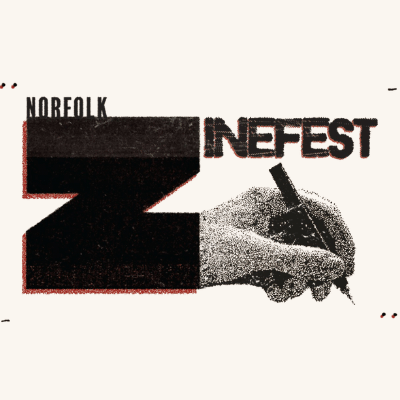logo for norfolk zine fest with the Z very big and a hand holding a pen