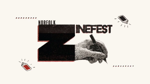 logo for norfolk zine fest with the Z very big and a hand holding a pen