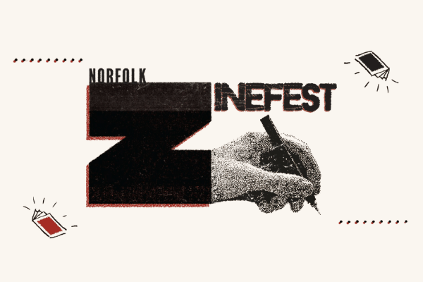 logo of norfolk zine fest with a big Z and a hand holding a pen