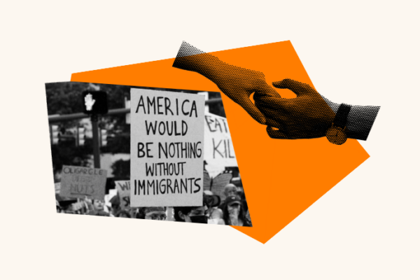 A person holds up a protest sign that says "America would be nothing without immigrants." To the right is a person holding another persons hand.