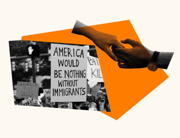 A person holds up a protest sign that says "America would be nothing without immigrants." To the right is a person holding another persons hand.