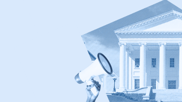 To the right is the Virginia Capitol and a person holding up a megaphone.