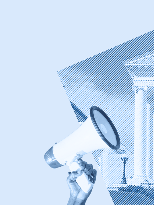 To the right is the Virginia Capitol and a person holding up a megaphone.