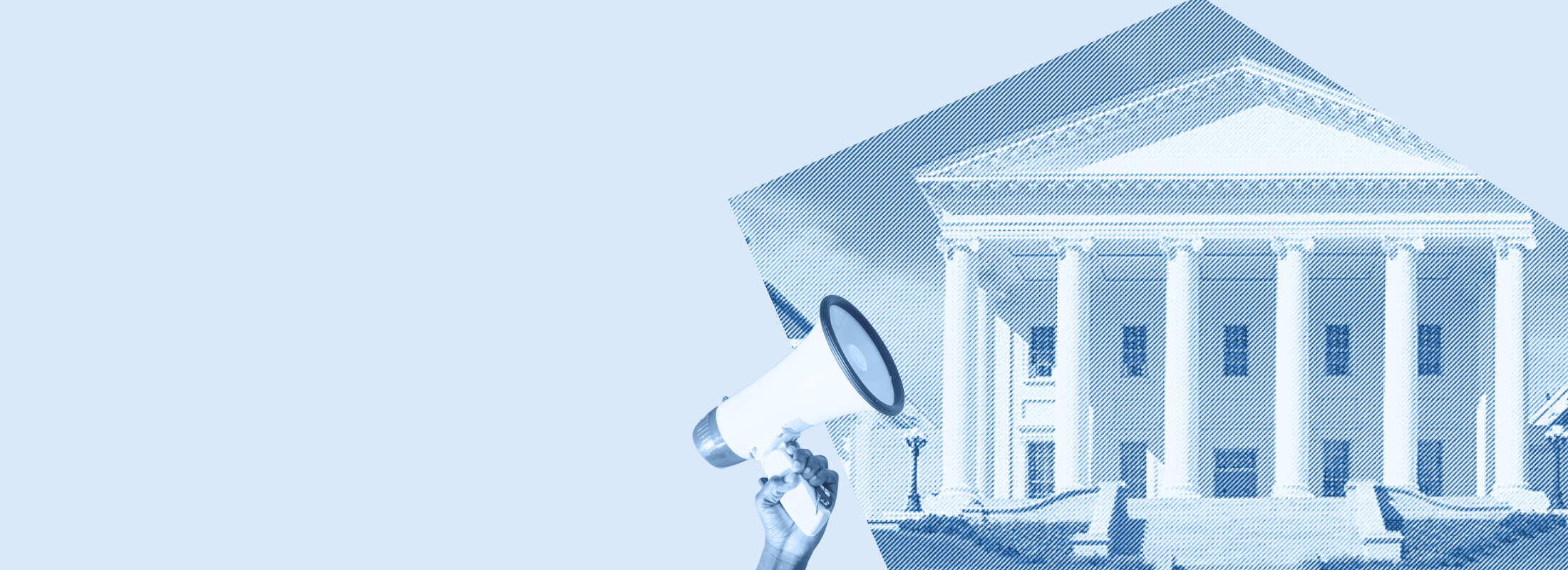 To the right is the Virginia Capitol and a person holding up a megaphone.
