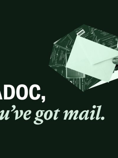 a hand holding out an envelope along with the text "VADOC, you've got mail."