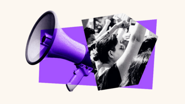 A megaphone and a person yelling towards a person.