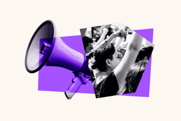 A megaphone and a person yelling towards a person.