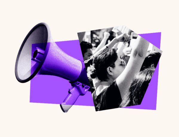A megaphone and a person yelling towards a person.