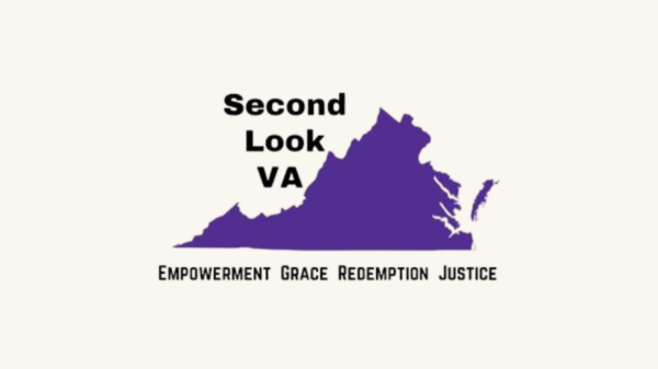 A purple outline of the state of Virginia is centered in the middle of the graphic. In the left top is the text "Second Look VA" and underneath the state is "empowerment, grace, redemption, and justice"