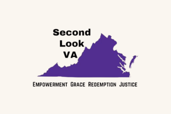 A purple outline of the state of Virginia is centered in the middle of the graphic. In the left top is the text "Second Look VA" and underneath the state is "empowerment, grace, redemption, and justice"