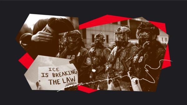 Over a black background are images of ICE agent, people hugging, and a sign that says " ICE IS BREAKING THE LAW."