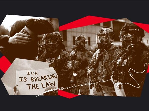 Over a black background are images of ICE agent, people hugging, and a sign that says " ICE IS BREAKING THE LAW."
