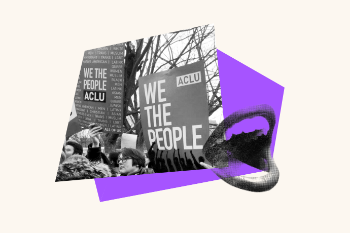 Over a purple abstract shape is a photo of a protest sign that says "We The People" and to the right is a mouth yelling out.