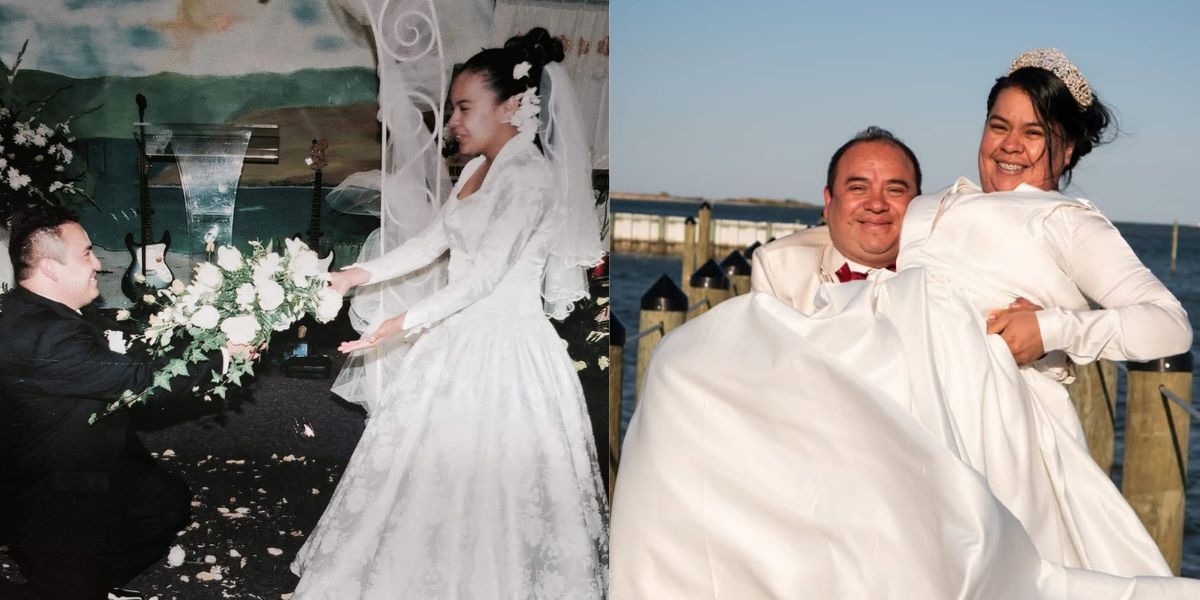 Two photos of Pastor Manuel and his wife side by side, one when they got married in 2005 and one when they renewed their vow in 2022