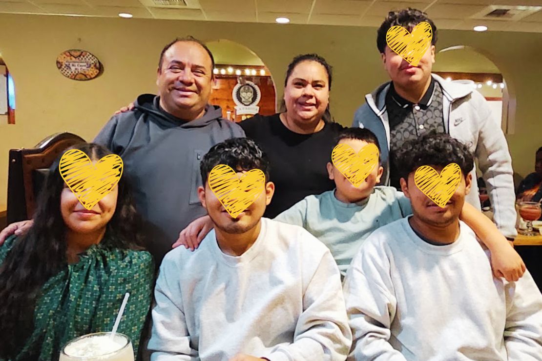Pastor Manuel, Laura, their family, and the brothers in a restaurant after they were released from ICE detention