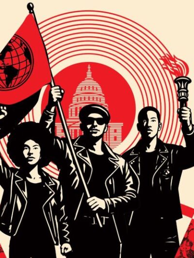 Three people wearing all black stand tall with their fists in the air. The person in the middle is holding a red flag with a black outline of the world.