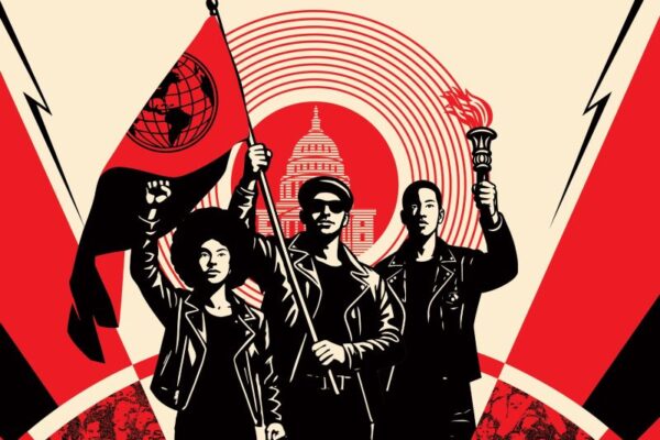 Three people wearing all black stand tall with their fists in the air. The person in the middle is holding a red flag with a black outline of the world.