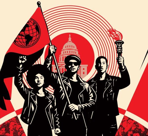 Three people wearing all black stand tall with their fists in the air. The person in the middle is holding a red flag with a black outline of the world.