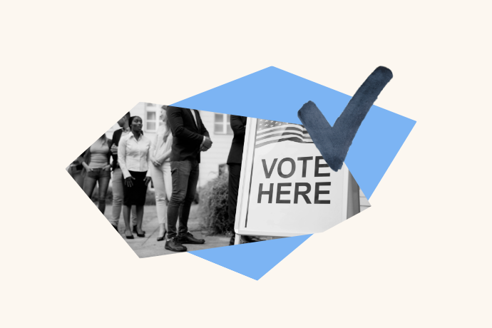A line of people stand in front of a voting locating, Over the photo is a checkmark.