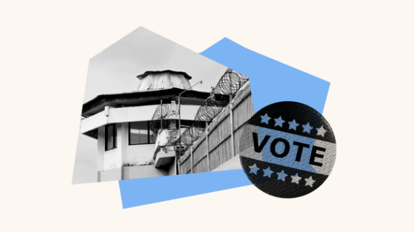 A collage of a prison watch tower and a voting sticker, sits over a blank background.