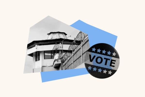 A collage of a prison watch tower and a voting sticker, sits over a blank background.