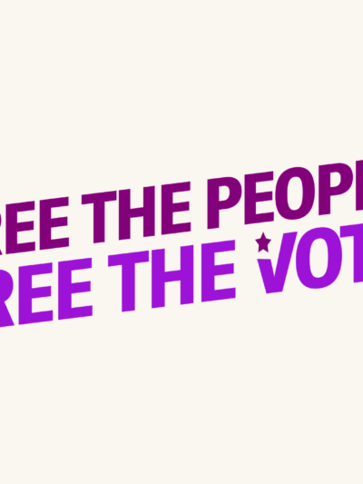 Over a cream background is purple text that says " Free the people. Free the vote."