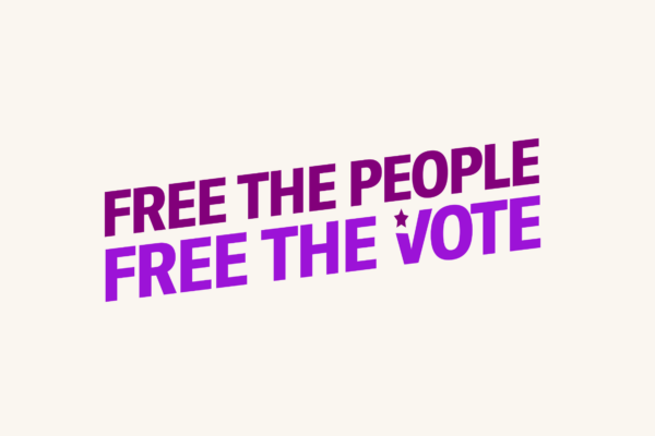 Over a cream background is purple text that says " Free the people. Free the vote."
