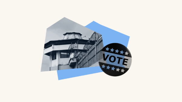 A collage of a prison watch tower and a voting sticker, sits over a blank background.