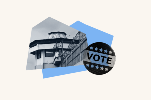 A collage of a prison watch tower and a voting sticker, sits over a blank background.