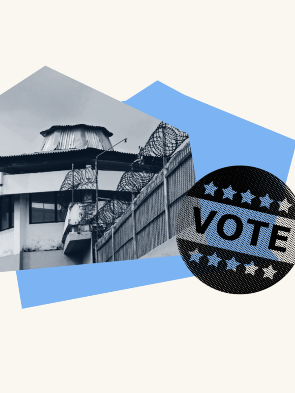 A collage of a prison watch tower and a voting sticker, sits over a blank background.