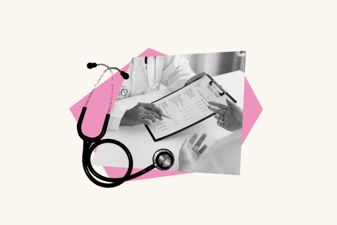 A doctor is discussing treatment options with a patient. Over top the image is a stethoscope.