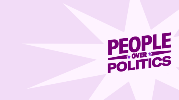 Over a purple background is large text that says "People over politics."
