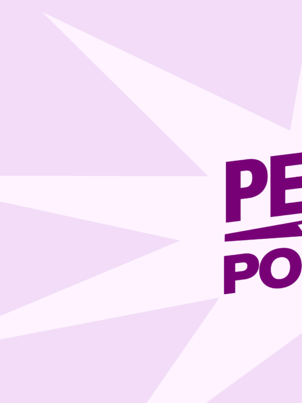 Over a purple background is large text that says "People over politics."