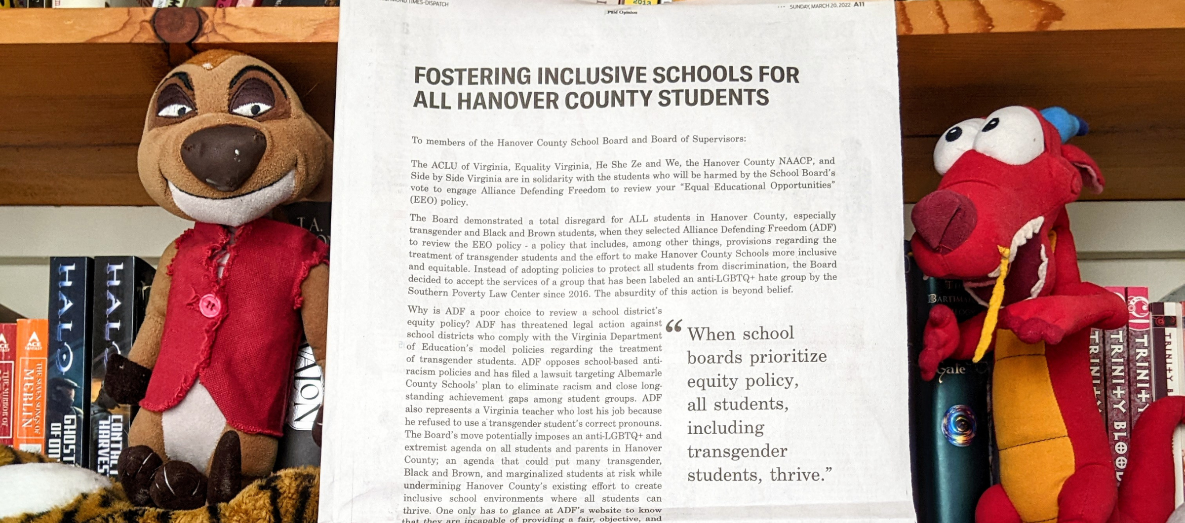 Fostering inclusive schools for all Hanover County students," with a bookshelf in the background and  stuffed animals to the right and left of the newspapers. 
