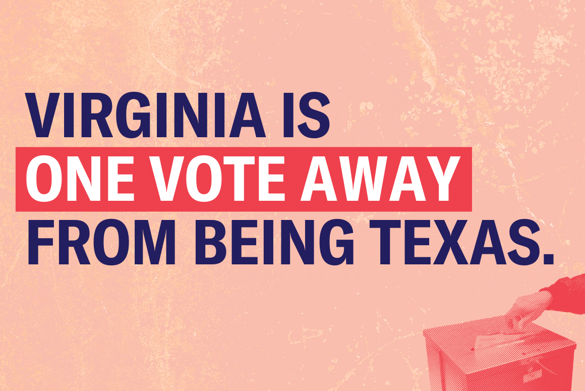 pink textured background with the following text in navy blue: Virginia is [bold] one vote away [end bold] from being Texas