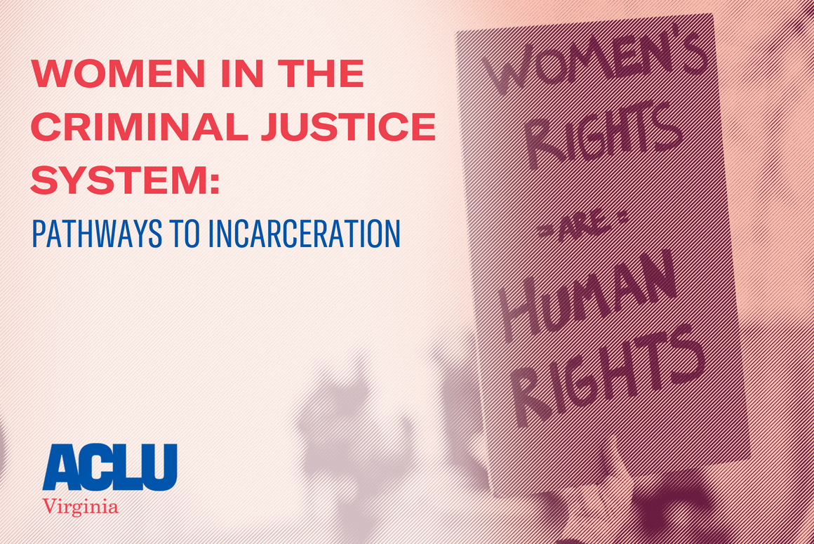 The cover of the ACLU-VA's women in prison report, with a hand holding a sign that says "Women's Rights Are Human Rights" on the right and the text "Women in the criminal justice system: Pathways to incarceration" on the left