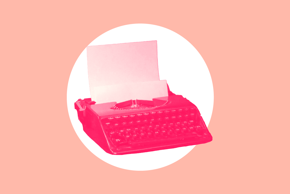A bright pink typewriter over a white circle and pink background to signify LGBTQ rights press