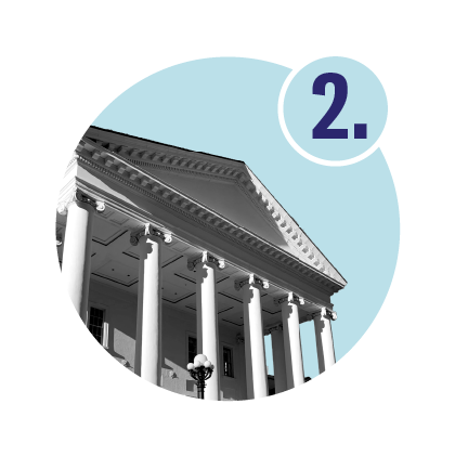 The Virginia capitol over a blue circle with a number 2 in the top right corner.